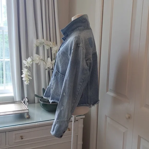 FREE PEOPLE Womens Light Distressed‎ Wash Pleated Denim Jean Jacket Zipper SM - Picture 2 of 9